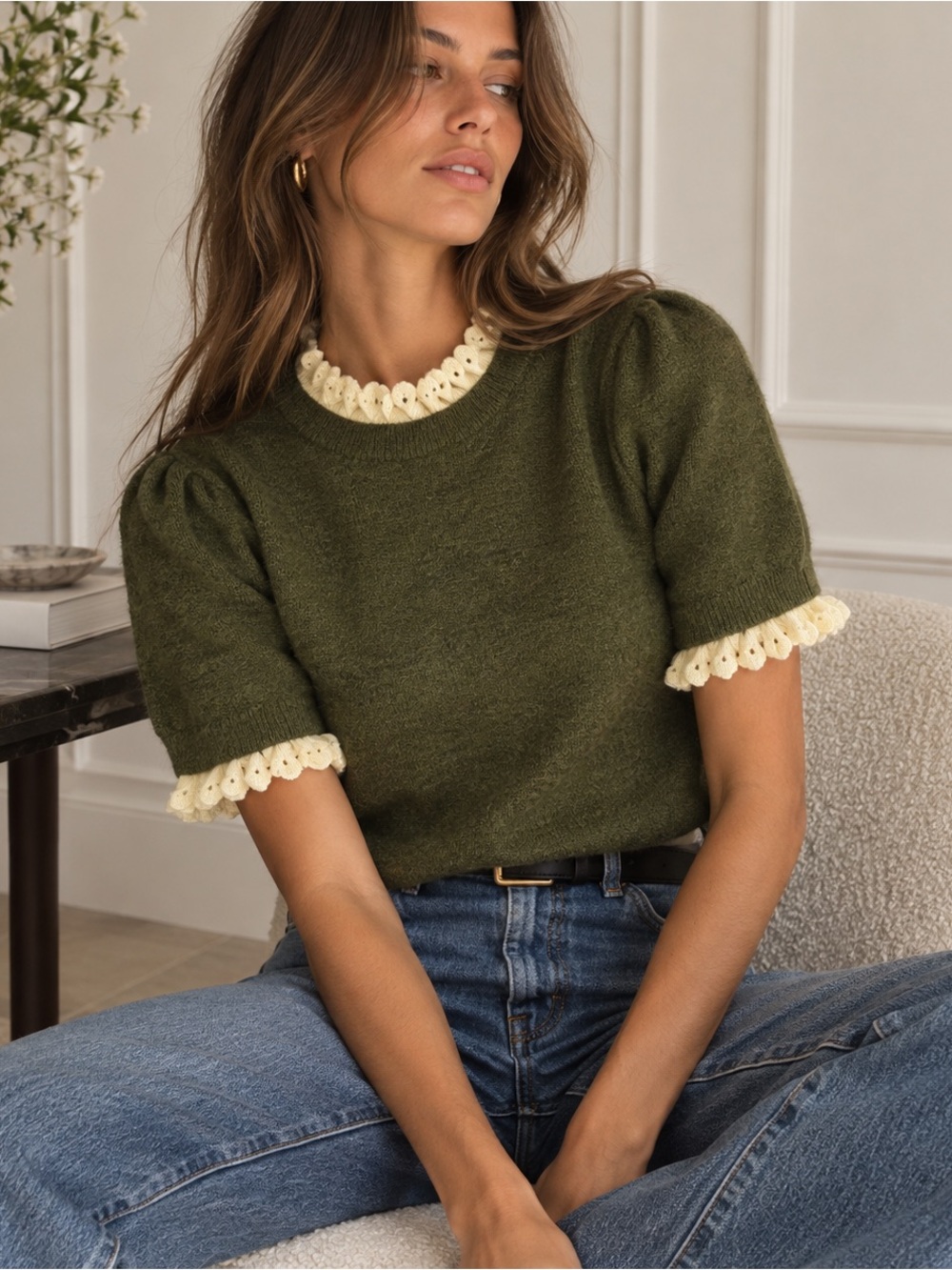 Caroline Constas Wool Alpaca Ruffle Trim Sweater Olive XS NWT